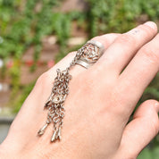 Antique Chinese Sterling Silver Repousse Opera Ring With Long Dangle Charm, Chased Floral & Bird Motif, Adjustable