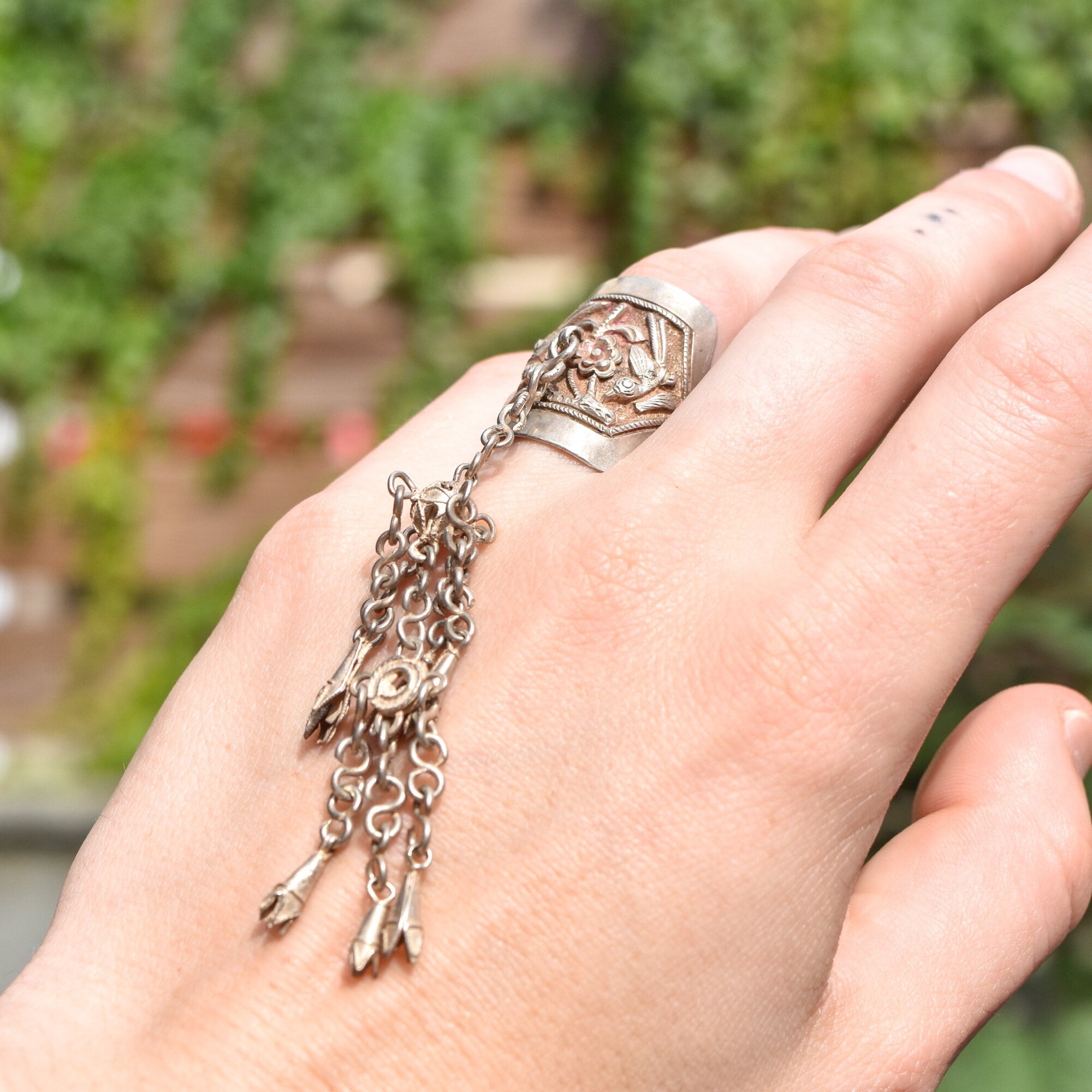 Antique Chinese Sterling Silver Repousse Opera Ring With Long Dangle Charm, Chased Floral & Bird Motif, Adjustable