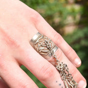 Antique Chinese Sterling Silver Repousse Opera Ring With Long Dangle Charm, Chased Floral & Bird Motif, Adjustable