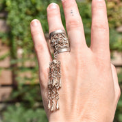 Antique Chinese Sterling Silver Repousse Opera Ring With Long Dangle Charm, Chased Floral & Bird Motif, Adjustable