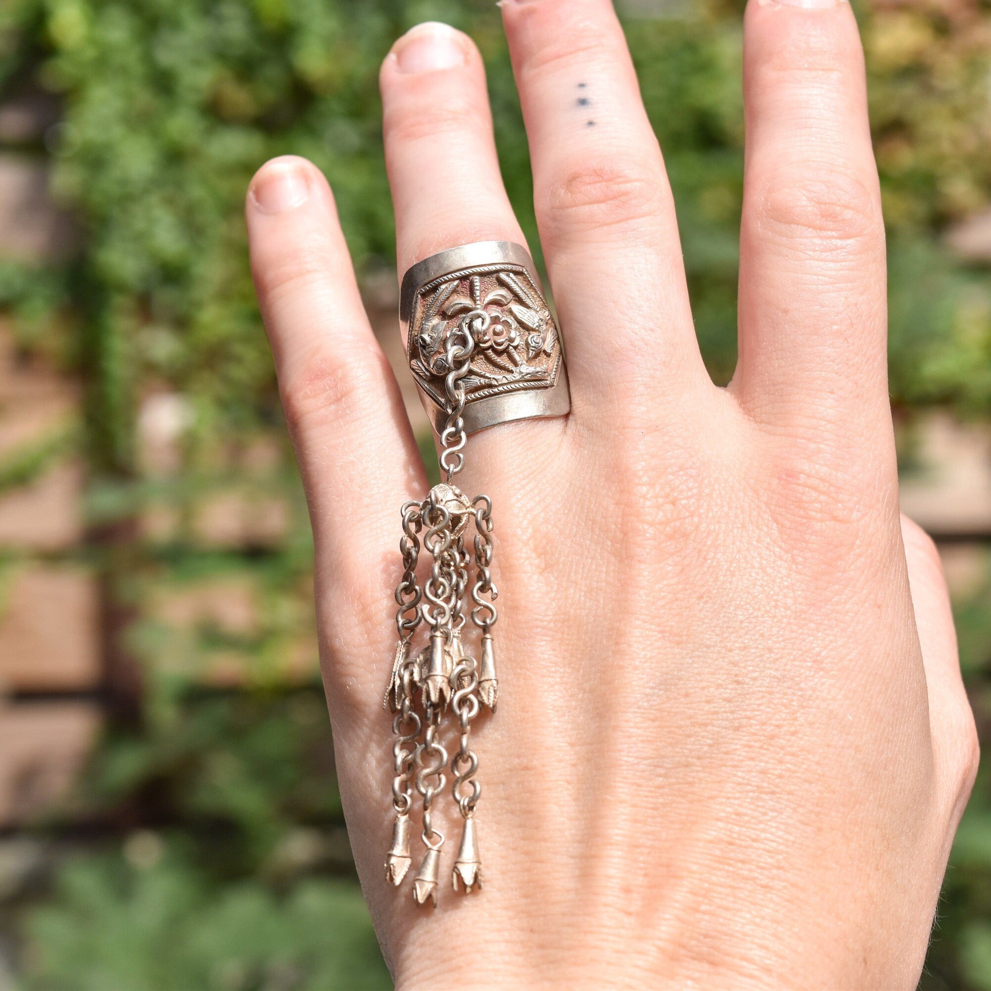 Antique Chinese Sterling Silver Repousse Opera Ring With Long Dangle Charm, Chased Floral & Bird Motif, Adjustable