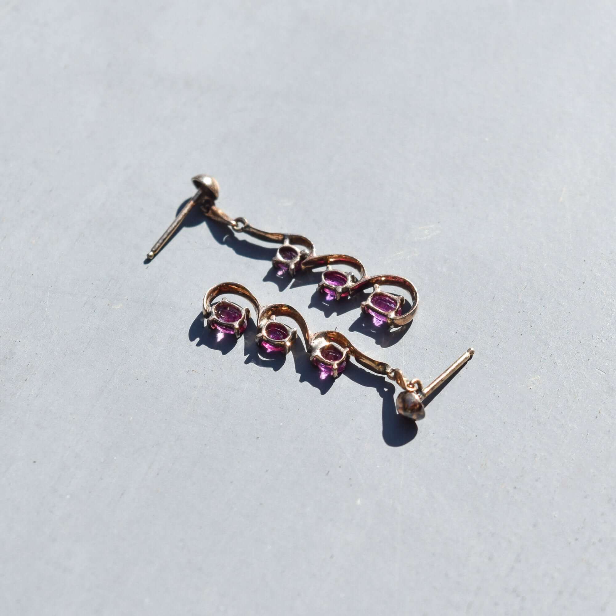 Elegant 14K Pink Tourmaline Pierced Dangle Earrings, Scalloped 3-Stone Earrings, Estate Jewelry, 30mm