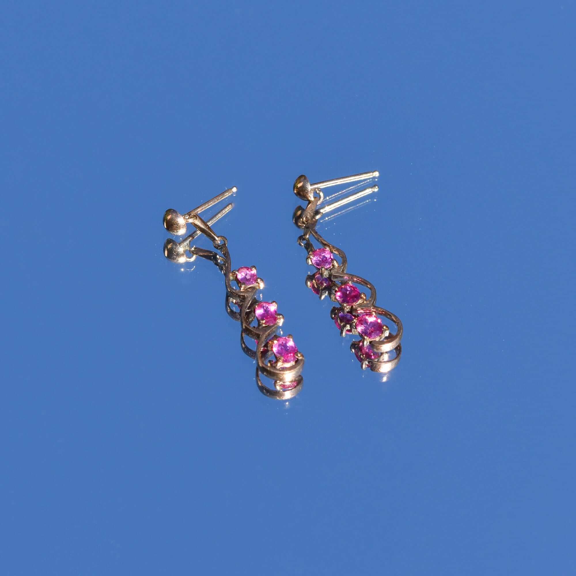 Elegant 14K Pink Tourmaline Pierced Dangle Earrings, Scalloped 3-Stone Earrings, Estate Jewelry, 30mm
