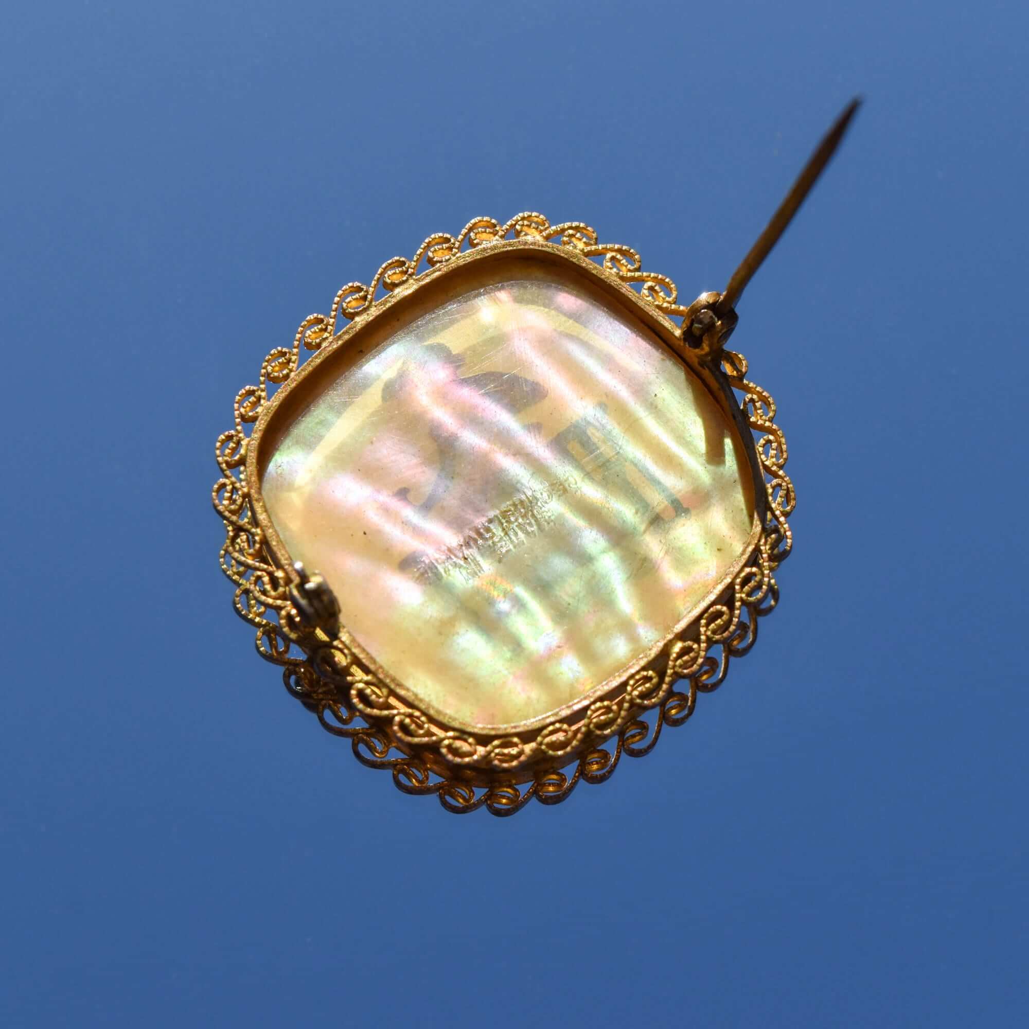 Czech Mother Of Pearl Gilt Filigree Cameo Style Brooch Pin, Maiden Figure, Estate Jewelry, 33mm