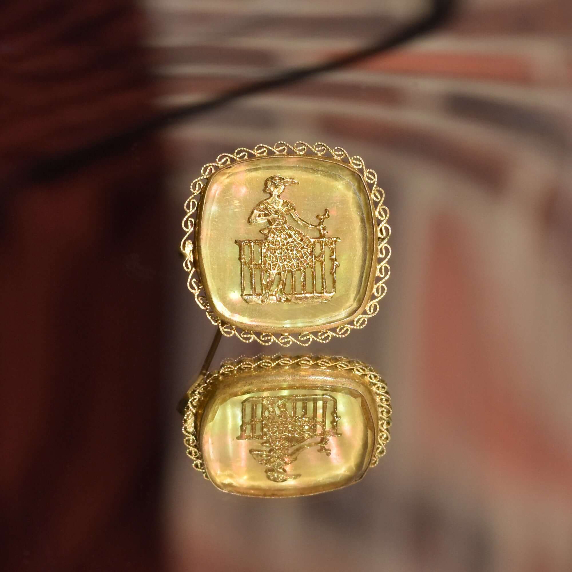 Czech Mother Of Pearl Gilt Filigree Cameo Style Brooch Pin, Maiden Figure, Estate Jewelry, 33mm