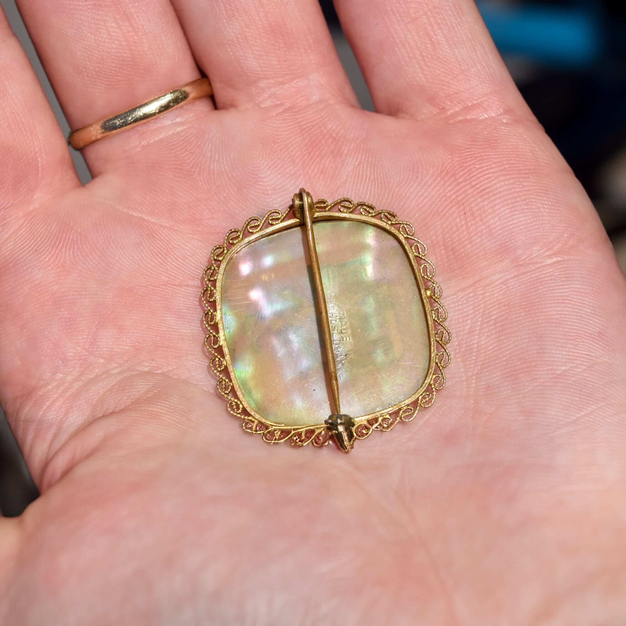 Czech Mother Of Pearl Gilt Filigree Cameo Style Brooch Pin, Maiden Figure, Estate Jewelry, 33mm