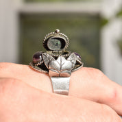 Signed TAXCO Sterling Silver Amethyst Poison Ring, Chunky Adjustable 3-Stone Pillbox Ring, Size 5-8 US