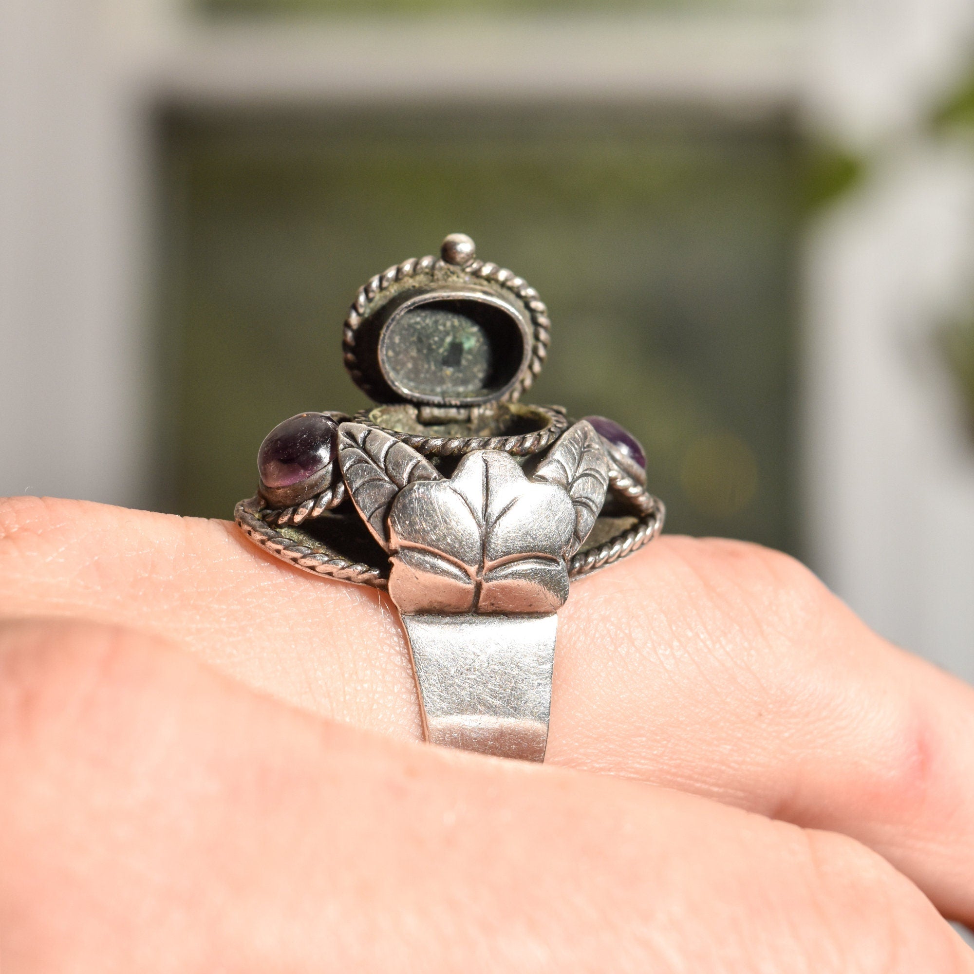 Signed TAXCO Sterling Silver Amethyst Poison Ring, Chunky Adjustable 3-Stone Pillbox Ring, Size 5-8 US