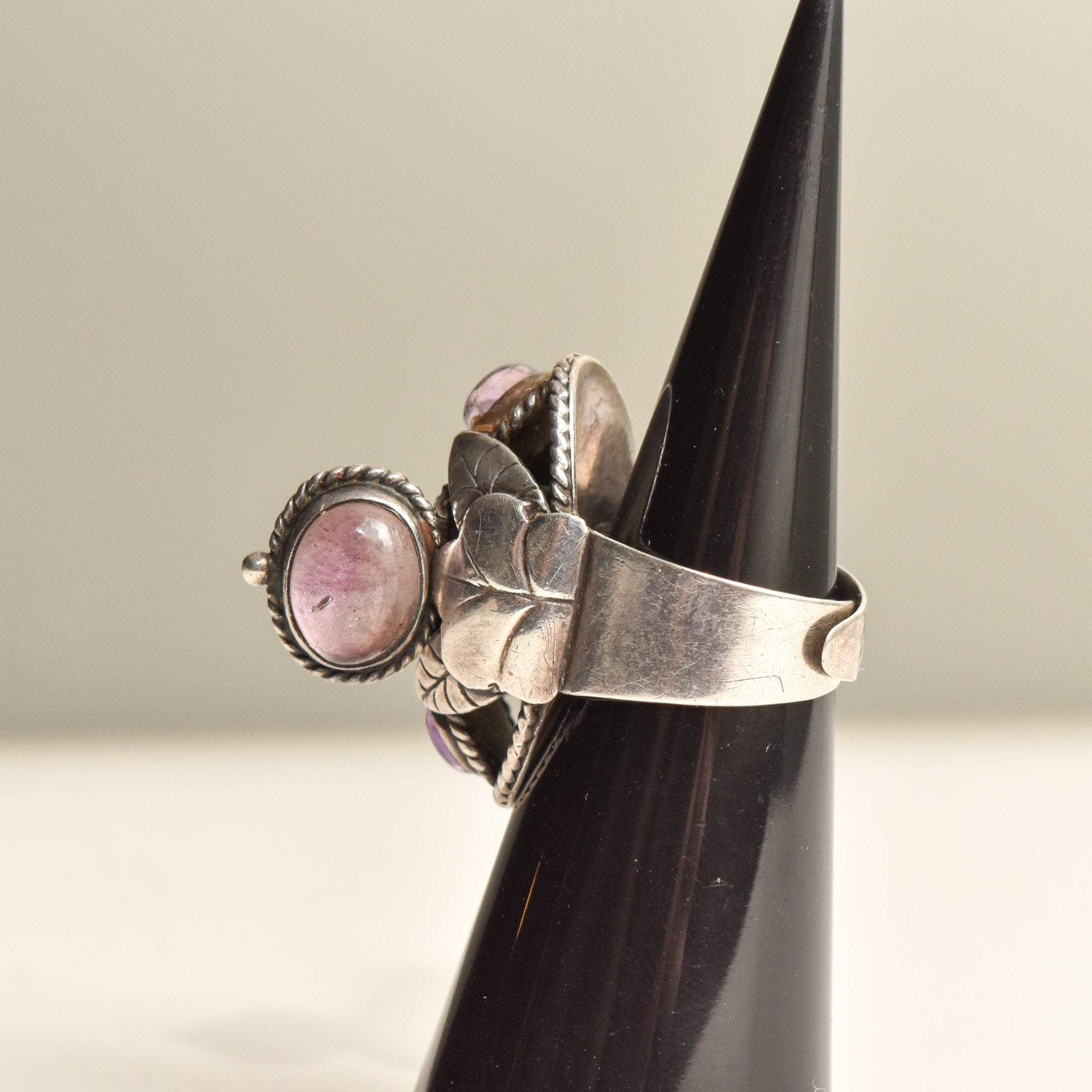 Signed TAXCO Sterling Silver Amethyst Poison Ring, Chunky Adjustable 3-Stone Pillbox Ring, Size 5-8 US