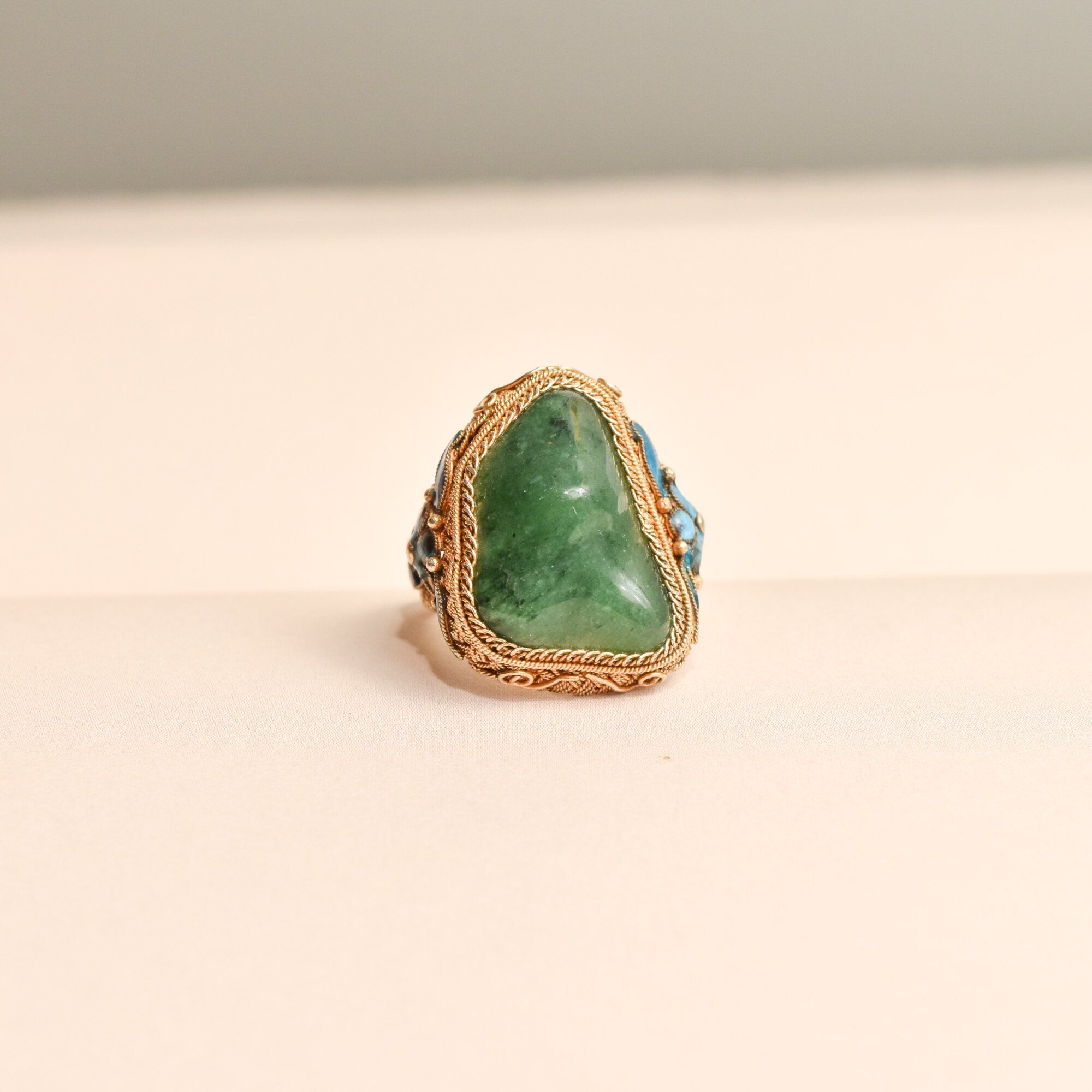 Chinese Export Vermeil Silver Enamel Jade Ring, Gemstone Nugget, Floral Motifs, Adjustable, Size 7-11 US