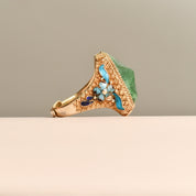 Chinese Export Vermeil Silver Enamel Jade Ring, Gemstone Nugget, Floral Motifs, Adjustable, Size 7-11 US
