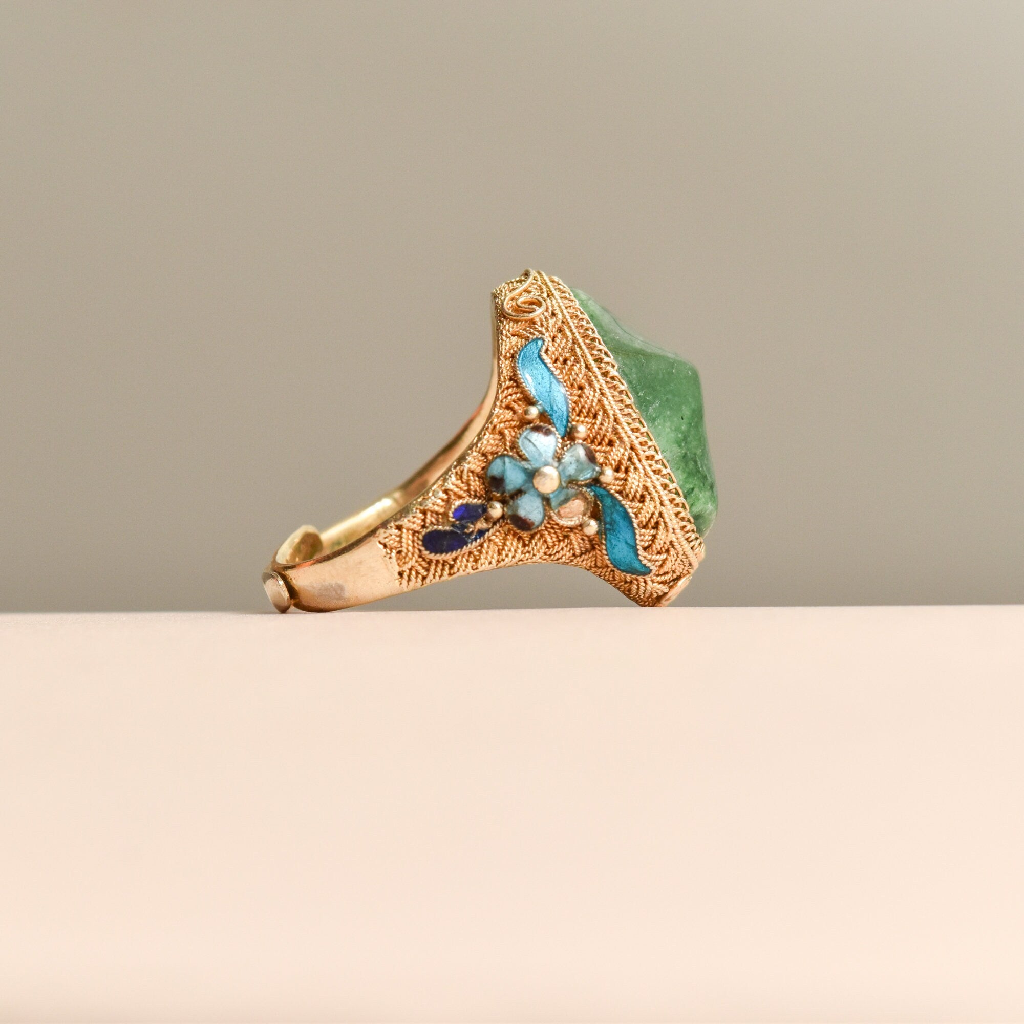 Chinese Export Vermeil Silver Enamel Jade Ring, Gemstone Nugget, Floral Motifs, Adjustable, Size 7-11 US