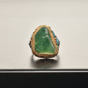 Chinese Export Vermeil Silver Enamel Jade Ring, Gemstone Nugget, Floral Motifs, Adjustable, Size 7-11 US