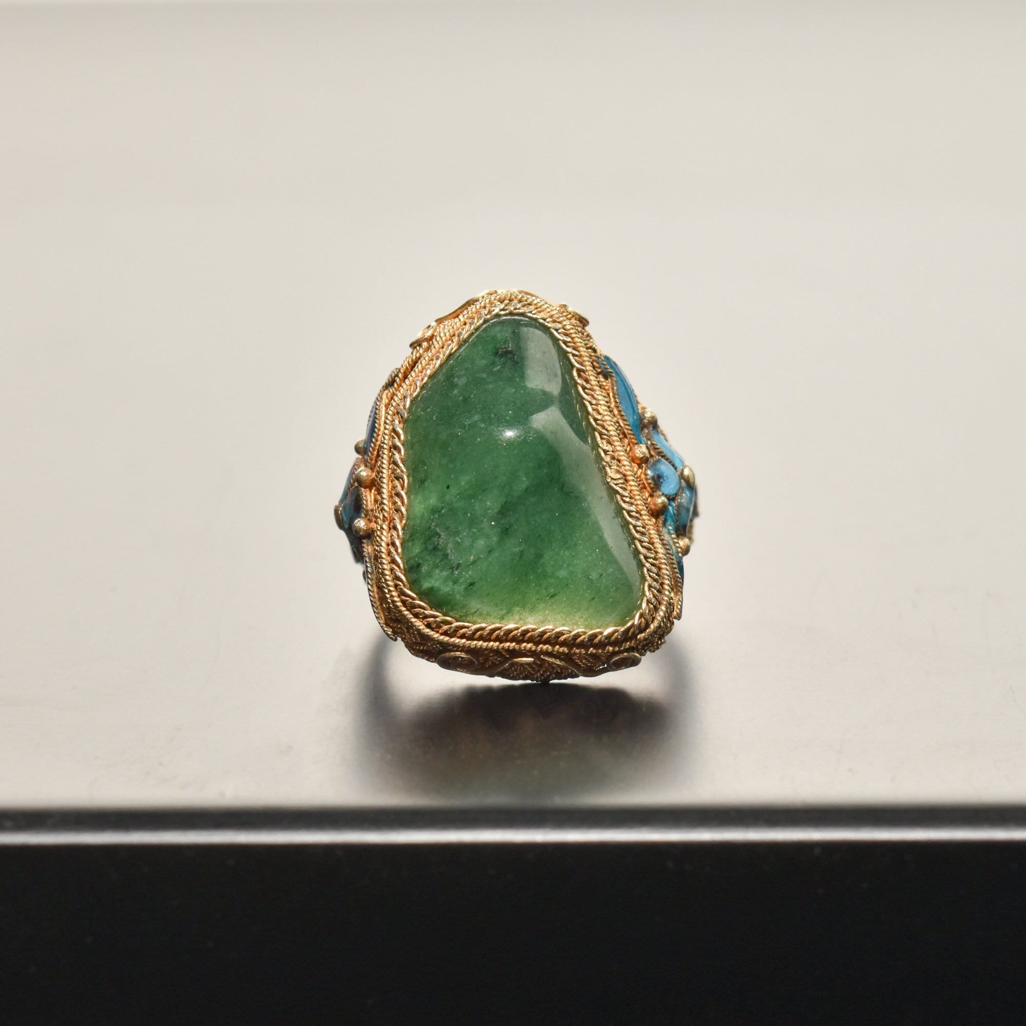 Chinese Export Vermeil Silver Enamel Jade Ring, Gemstone Nugget, Floral Motifs, Adjustable, Size 7-11 US