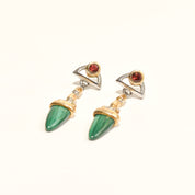 Modernist Two-Tone Malachite Dangle Stud Earrings With Red Gemstone Accent, Estate Jewelry, 48mm L