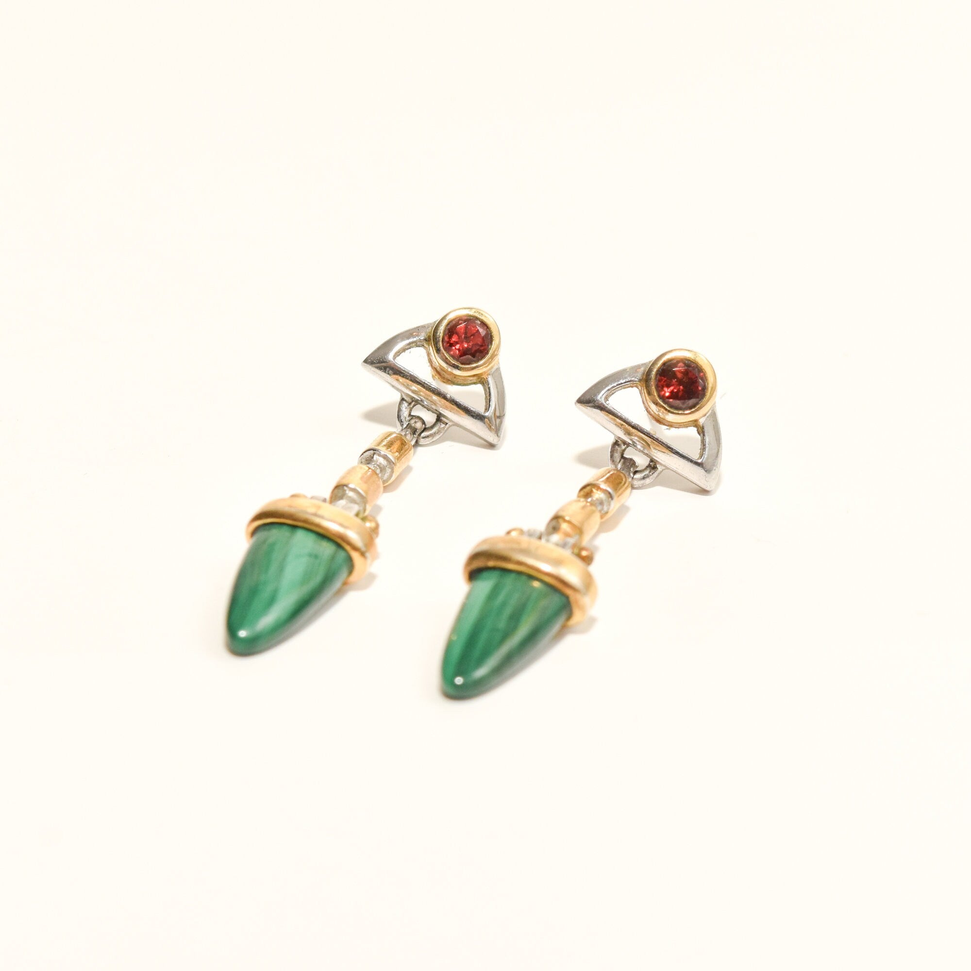 Modernist Two-Tone Malachite Dangle Stud Earrings With Red Gemstone Accent, Estate Jewelry, 48mm L