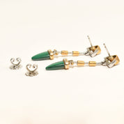 Modernist Two-Tone Malachite Dangle Stud Earrings With Red Gemstone Accent, Estate Jewelry, 48mm L