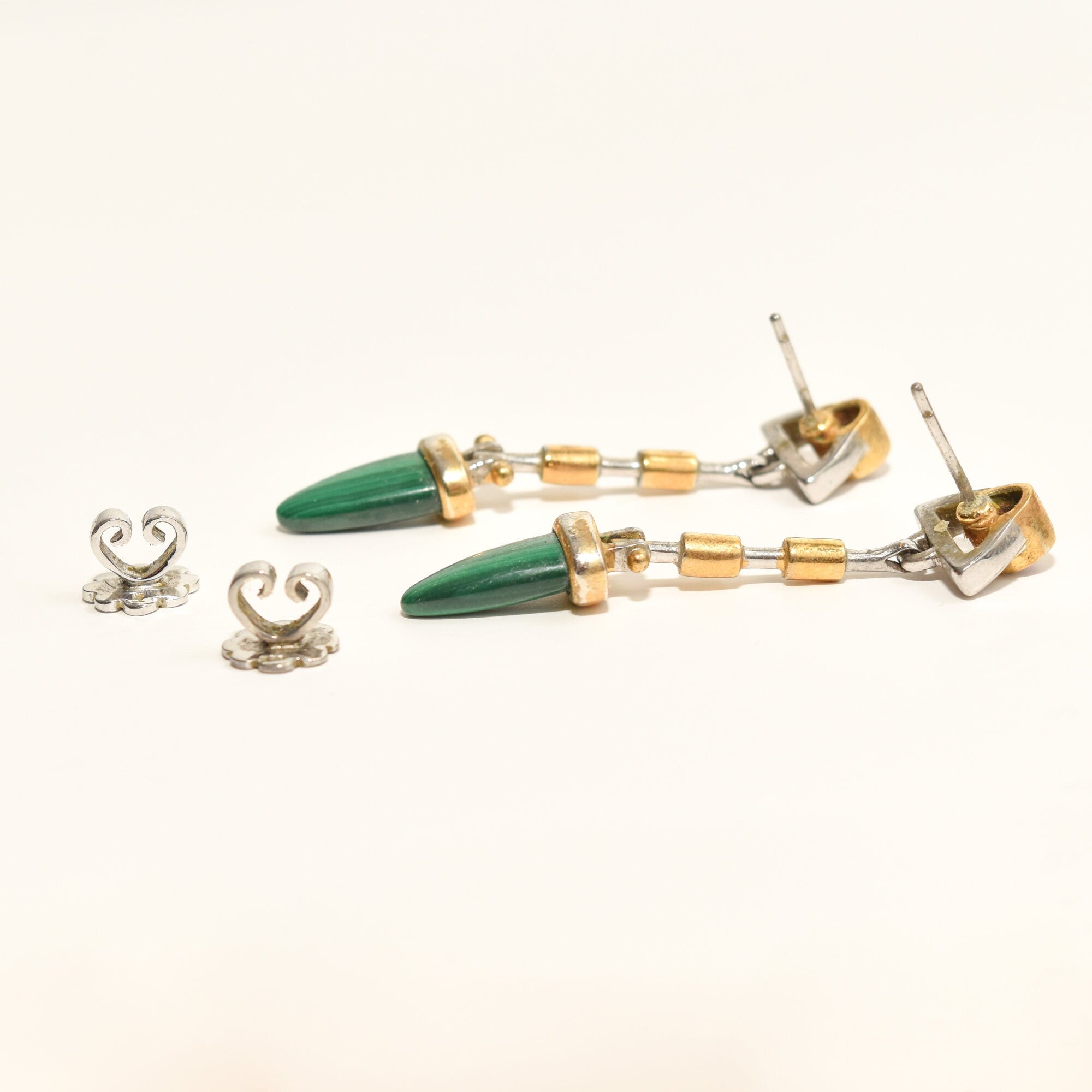 Modernist Two-Tone Malachite Dangle Stud Earrings With Red Gemstone Accent, Estate Jewelry, 48mm L