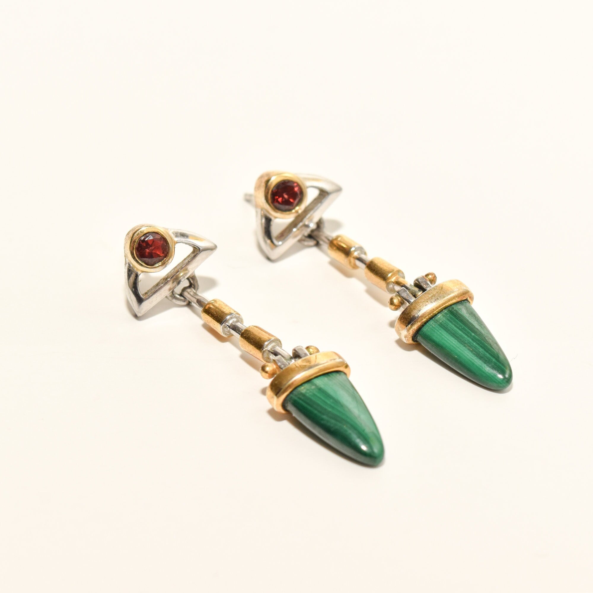Modernist Two-Tone Malachite Dangle Stud Earrings With Red Gemstone Accent, Estate Jewelry, 48mm L