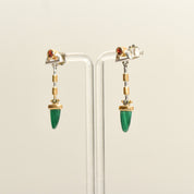 Modernist Two-Tone Malachite Dangle Stud Earrings With Red Gemstone Accent, Estate Jewelry, 48mm L