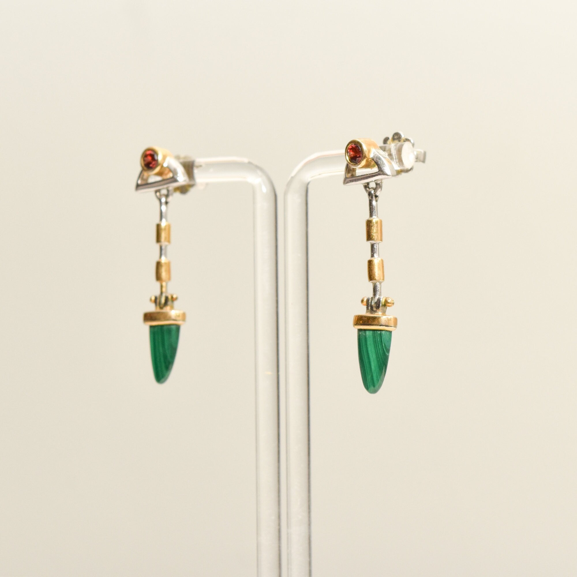 Modernist Two-Tone Malachite Dangle Stud Earrings With Red Gemstone Accent, Estate Jewelry, 48mm L