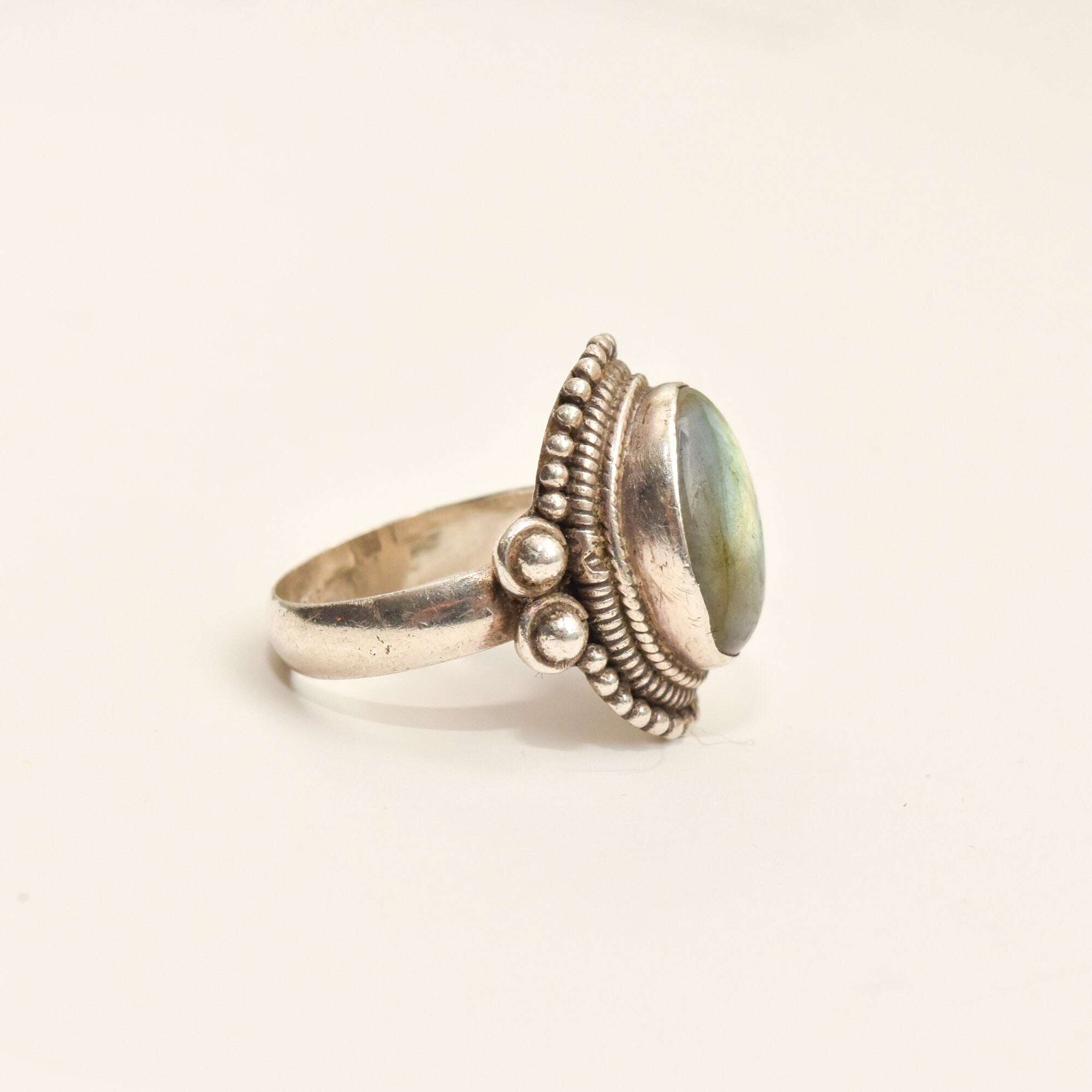 Bohemian Sterling Silver Labradorite Ring, Shield Ring With Iridescent Gemstone, Size 9 US
