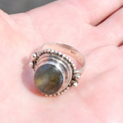 Bohemian Sterling Silver Labradorite Ring, Shield Ring With Iridescent Gemstone, Size 9 US