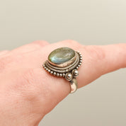 Bohemian Sterling Silver Labradorite Ring, Shield Ring With Iridescent Gemstone, Size 9 US