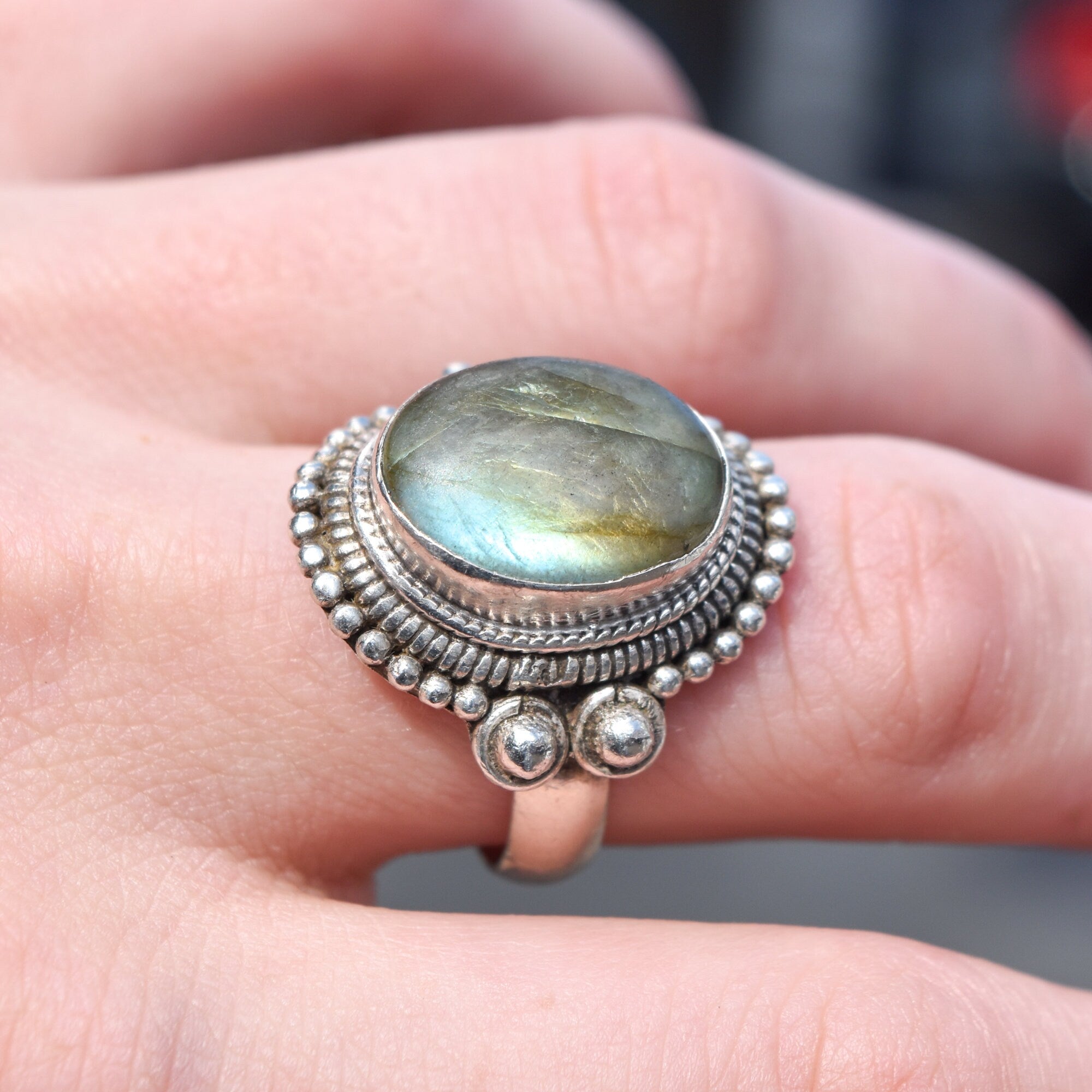 Bohemian Sterling Silver Labradorite Ring, Shield Ring With Iridescent Gemstone, Size 9 US