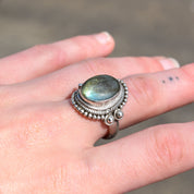 Bohemian Sterling Silver Labradorite Ring, Shield Ring With Iridescent Gemstone, Size 9 US