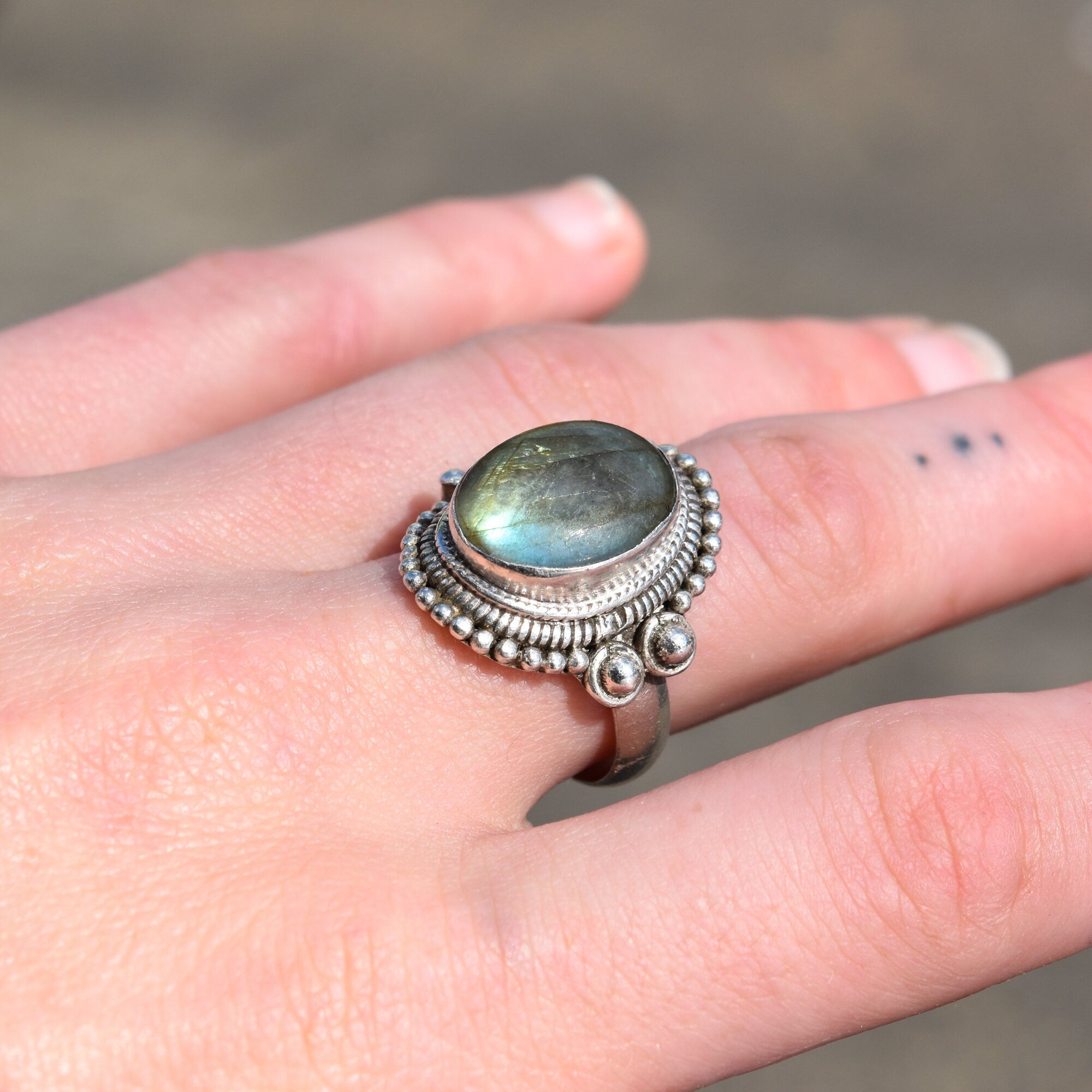 Bohemian Sterling Silver Labradorite Ring, Shield Ring With Iridescent Gemstone, Size 9 US