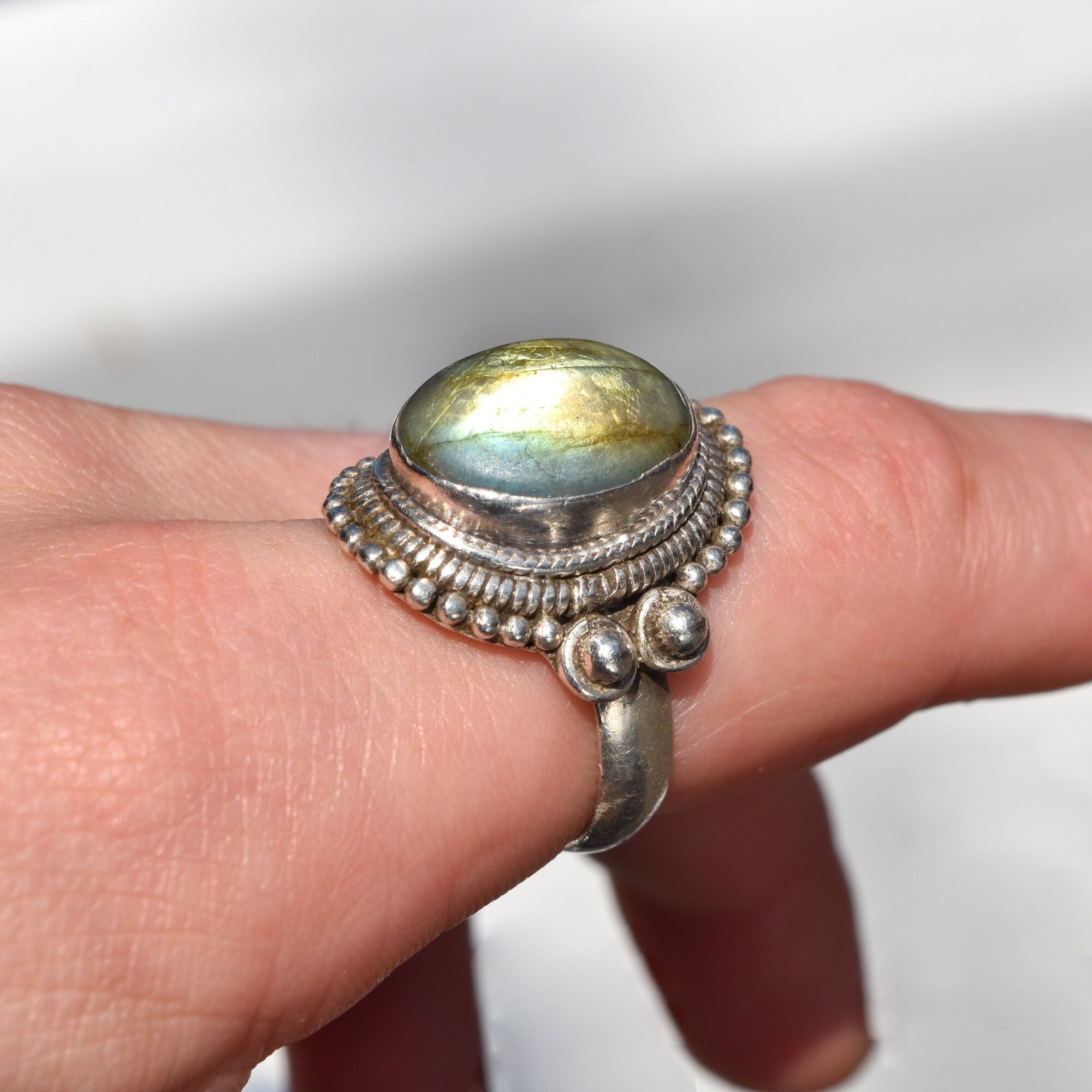 Bohemian Sterling Silver Labradorite Ring, Shield Ring With Iridescent Gemstone, Size 9 US