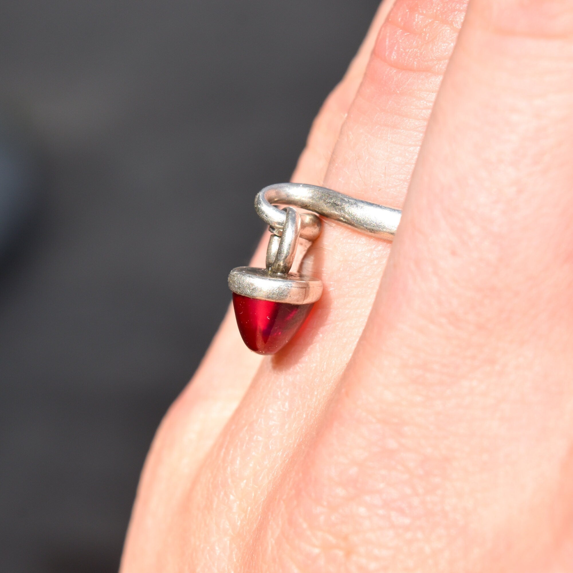 Cute Sterling Silver Red Sugarloaf Dangle Ring, Stacking Charm Ring, Vintage Jewelry, Size 6 US