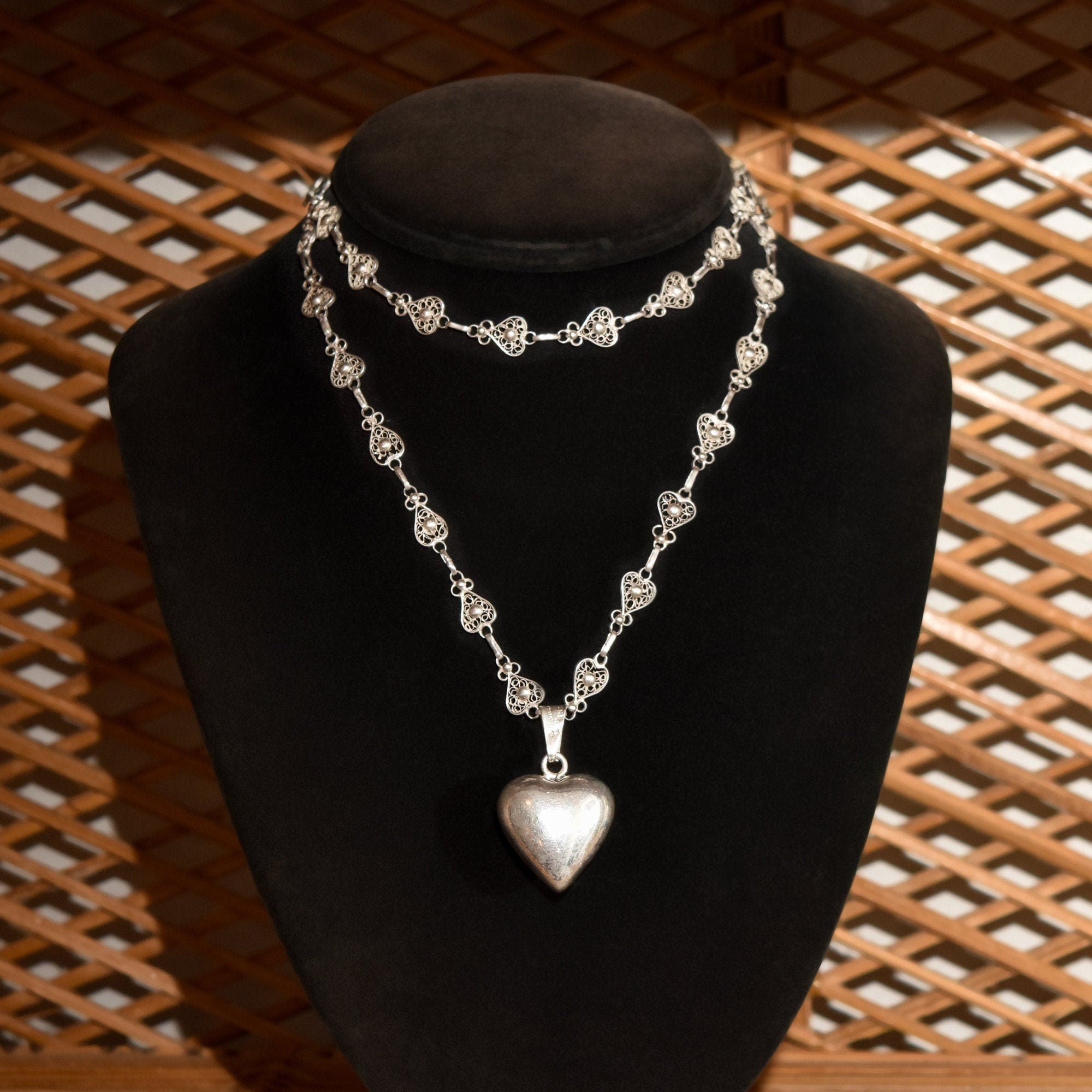 Antique French Sterling Silver Heart Filigree Necklace With Polished Heart Harmony Ball Pendant, 28.75" L
