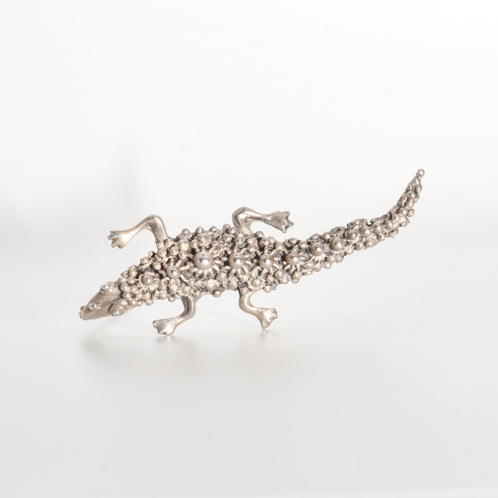 Sterling Silver Cannetille Lizard Brooch, Pebbled Silver Gecko Label Pin, Estate Jewelry, 2.25" L