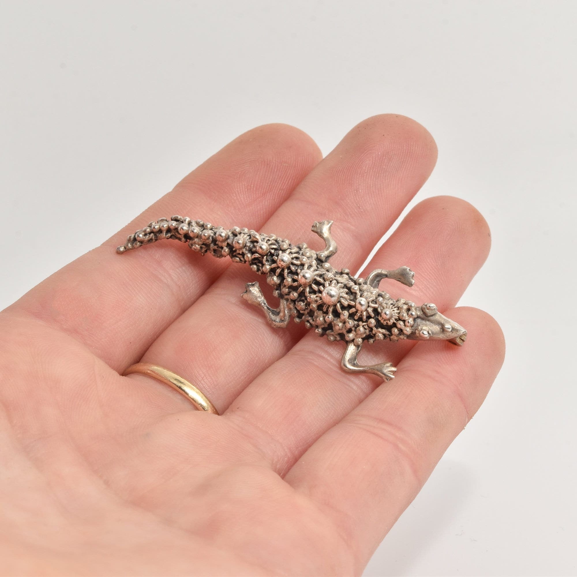 Sterling Silver Cannetille Lizard Brooch, Pebbled Silver Gecko Label Pin, Estate Jewelry, 2.25" L
