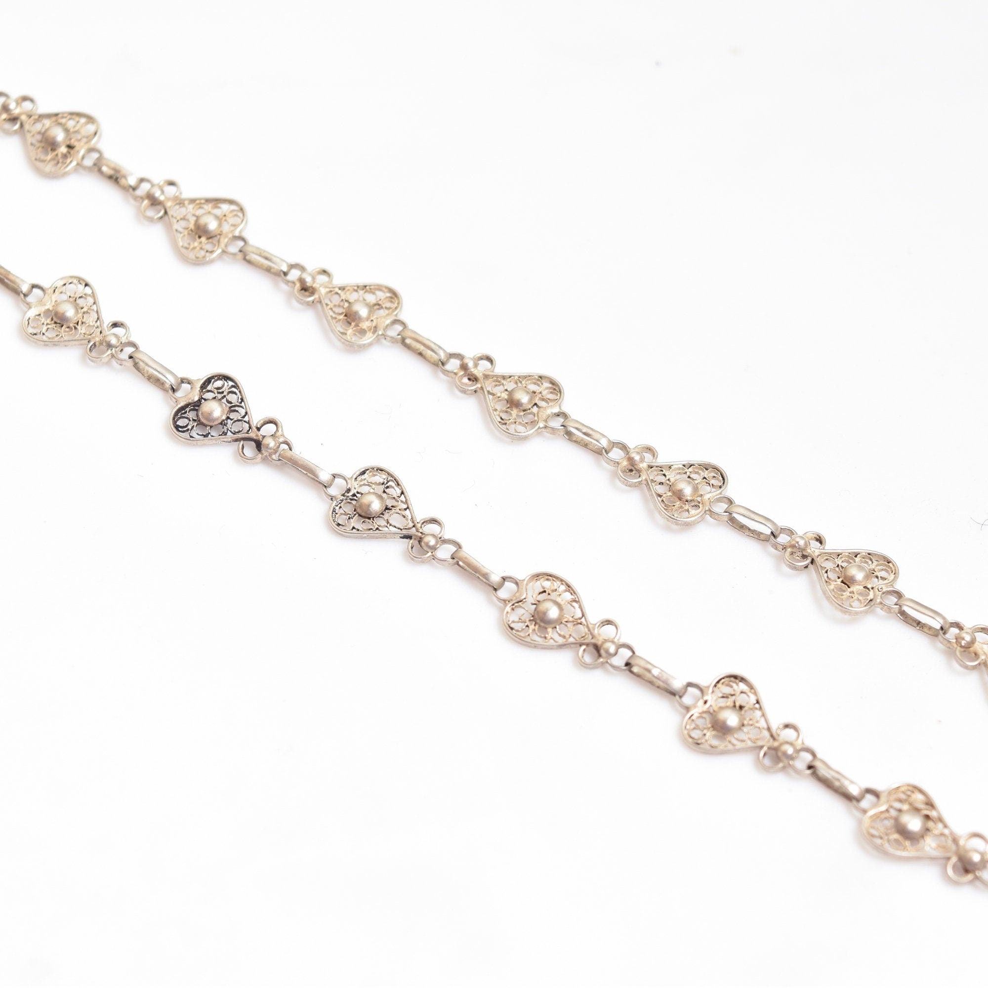 Antique French Sterling Silver Heart Filigree Necklace With Polished Heart Harmony Ball Pendant, 28.75" L