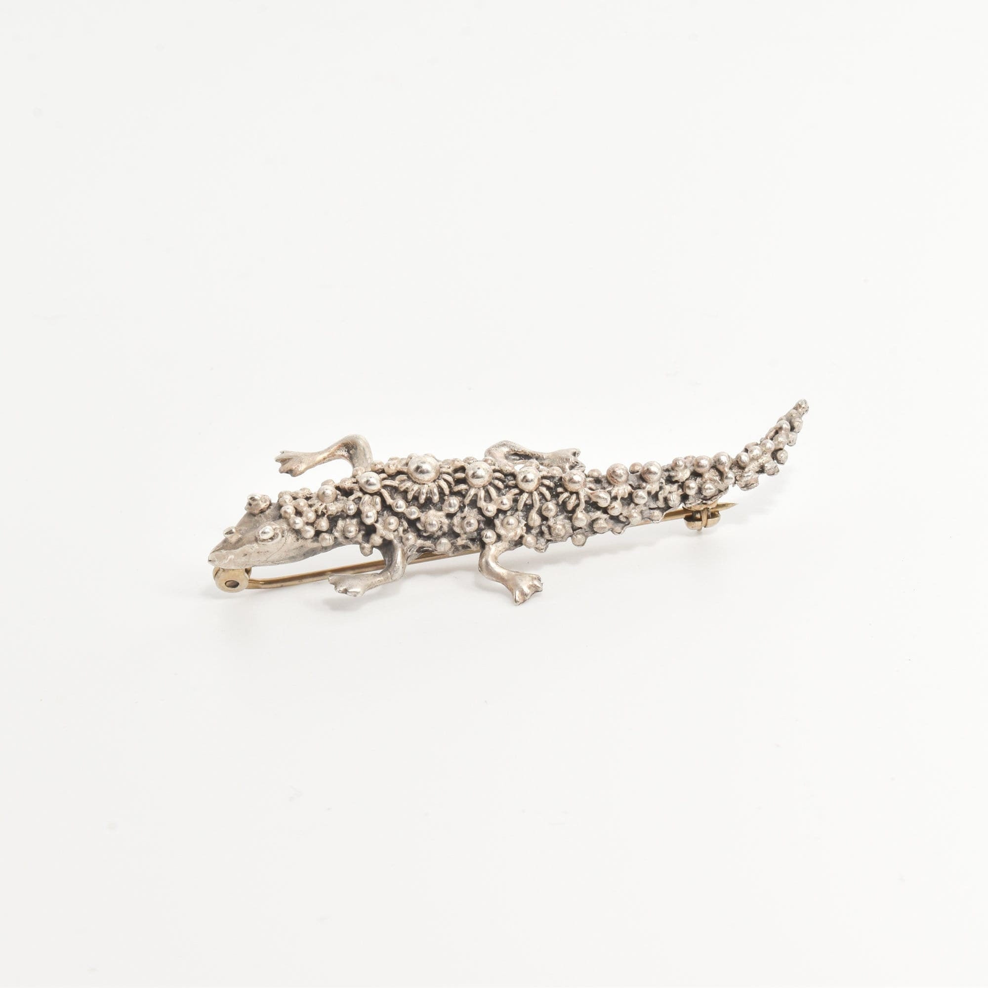 Sterling Silver Cannetille Lizard Brooch, Pebbled Silver Gecko Label Pin, Estate Jewelry, 2.25" L