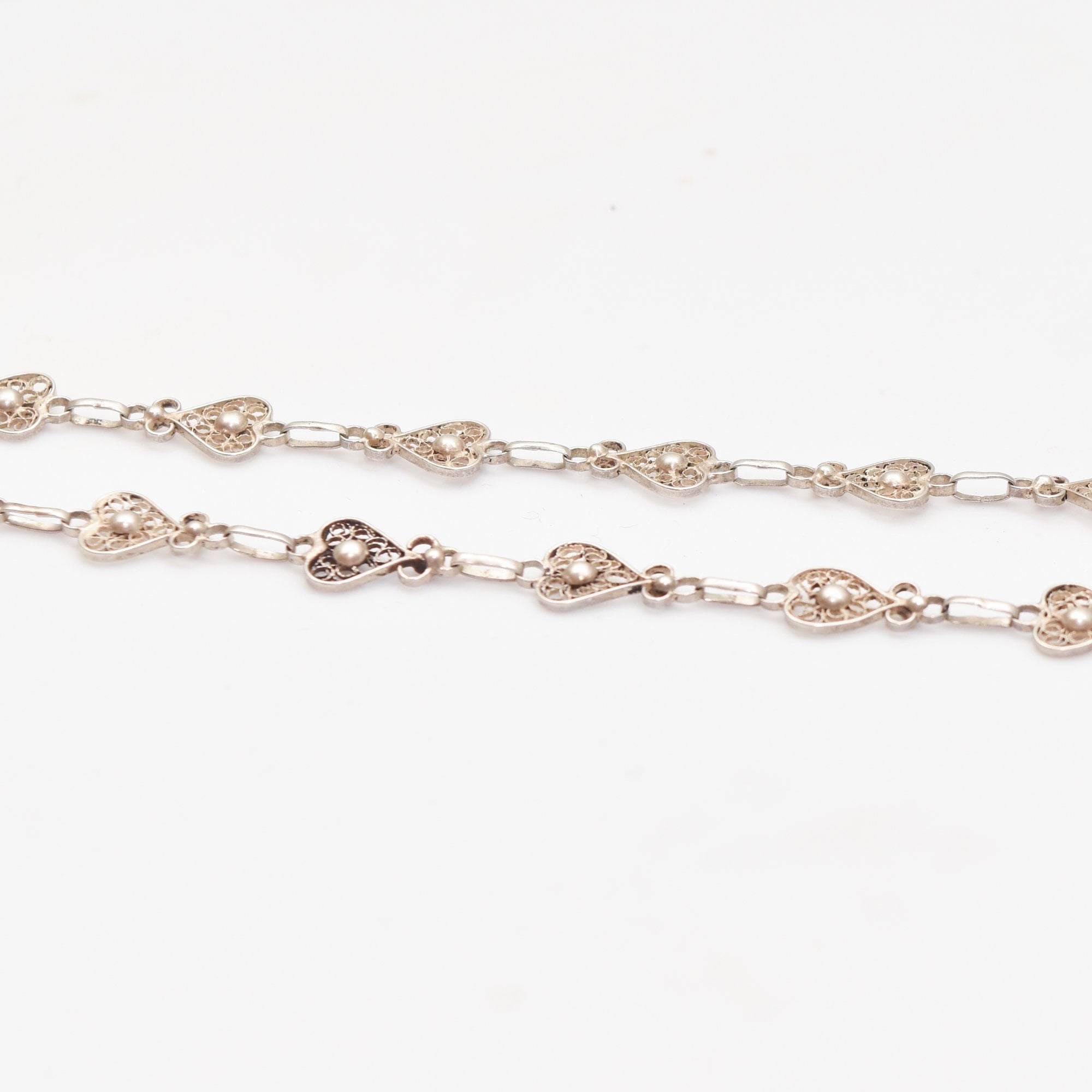 Antique French Sterling Silver Heart Filigree Necklace With Polished Heart Harmony Ball Pendant, 28.75" L