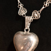 Antique French Sterling Silver Heart Filigree Necklace With Polished Heart Harmony Ball Pendant, 28.75" L