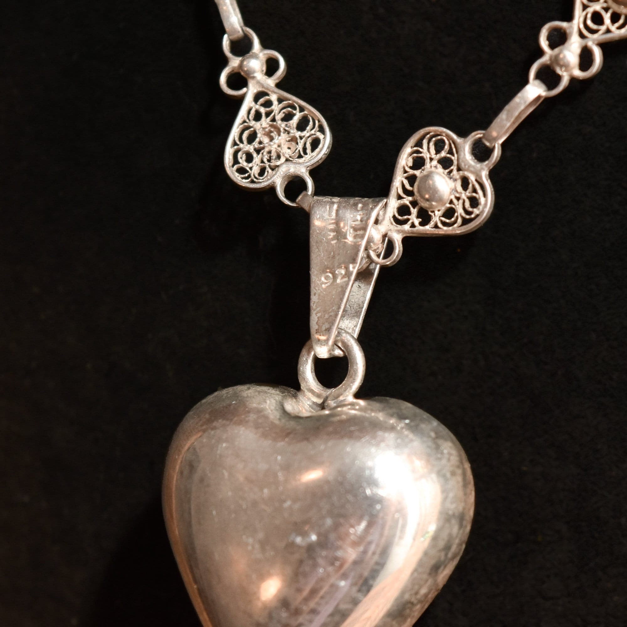 Antique French Sterling Silver Heart Filigree Necklace With Polished Heart Harmony Ball Pendant, 28.75" L