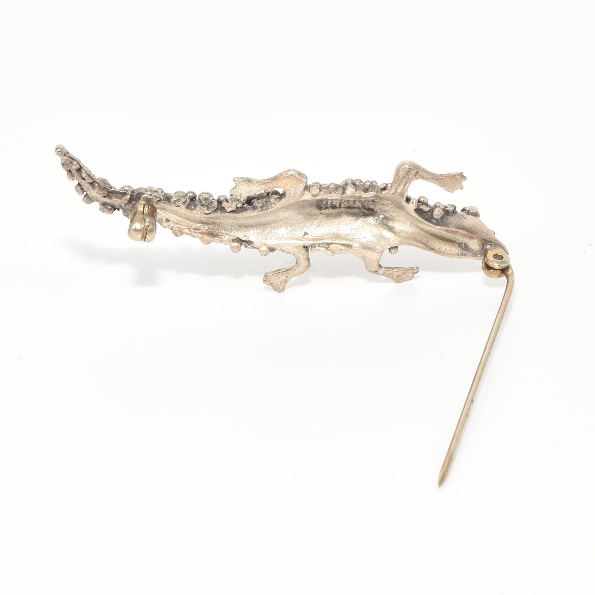 Sterling Silver Cannetille Lizard Brooch, Pebbled Silver Gecko Label Pin, Estate Jewelry, 2.25" L