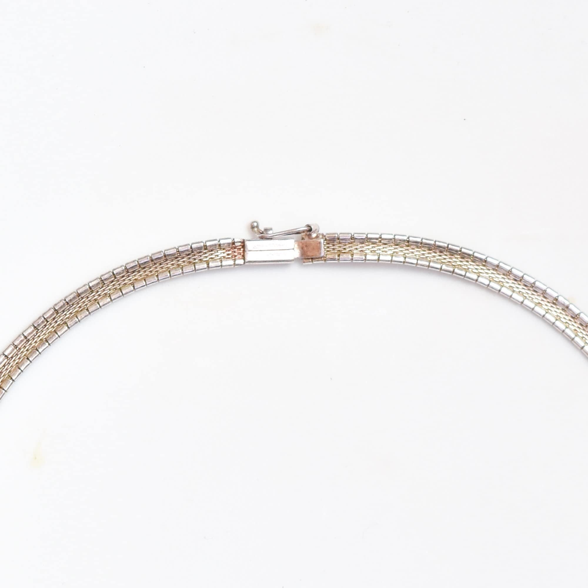 Italian Sterling Silver Chevron Omega Necklace, Modernist V-Shaped Choker, Estate Jewelry, 15.75"