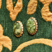 Floral 14K Carved Nephrite Jade Stud Earrings, Yellow Gold Ribbon Setting, Cute Gold Studs, 23mm