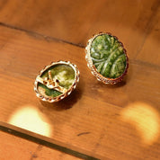 Floral 14K Carved Nephrite Jade Stud Earrings, Yellow Gold Ribbon Setting, Cute Gold Studs, 23mm