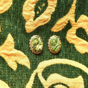 Floral 14K Carved Nephrite Jade Stud Earrings, Yellow Gold Ribbon Setting, Cute Gold Studs, 23mm