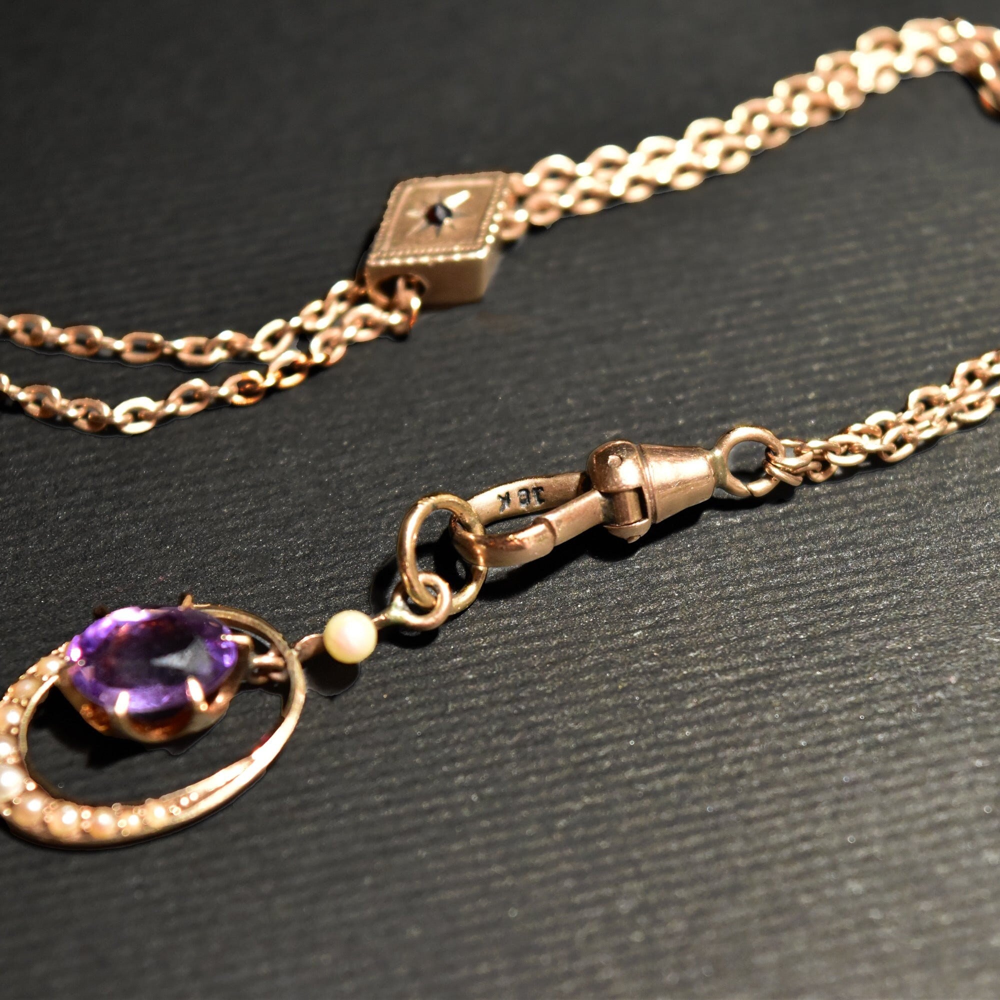 10K Amethyst Seed Pearl Watch/Lorgnette Chain Lavaliere Necklace W/ Slide, Mourning Jewelry, 22" L