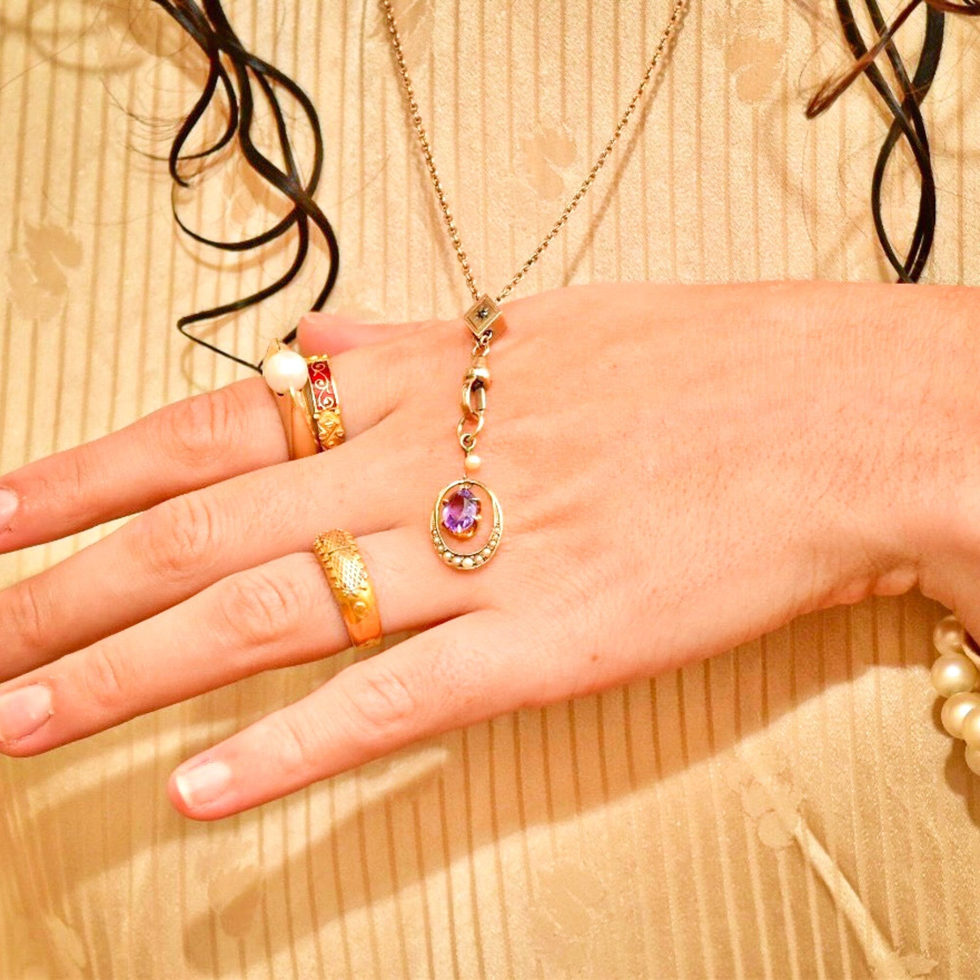 10K Amethyst Seed Pearl Watch/Lorgnette Chain Lavaliere Necklace W/ Slide, Mourning Jewelry, 22" L