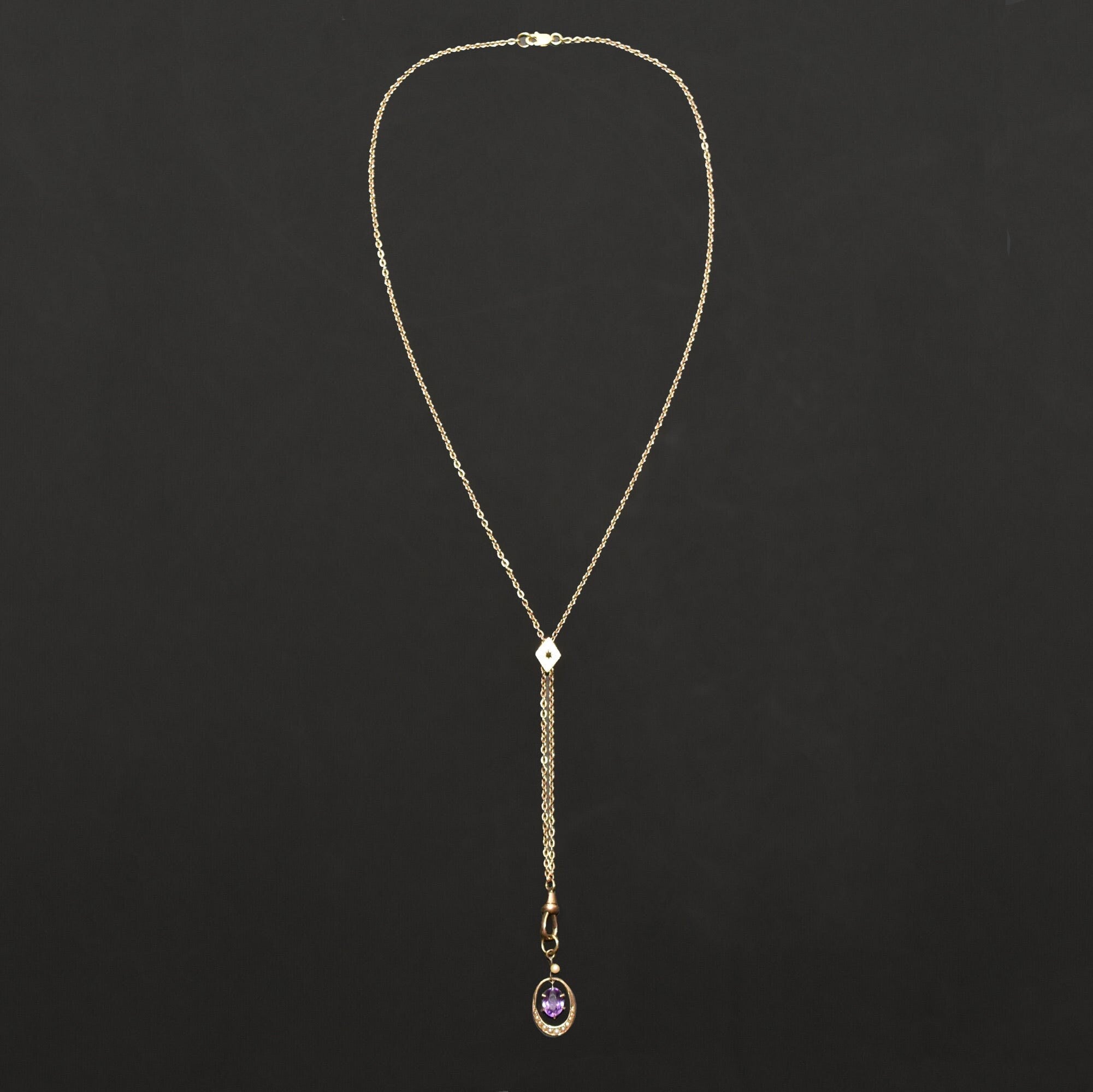 10K Amethyst Seed Pearl Watch/Lorgnette Chain Lavaliere Necklace W/ Slide, Mourning Jewelry, 22" L