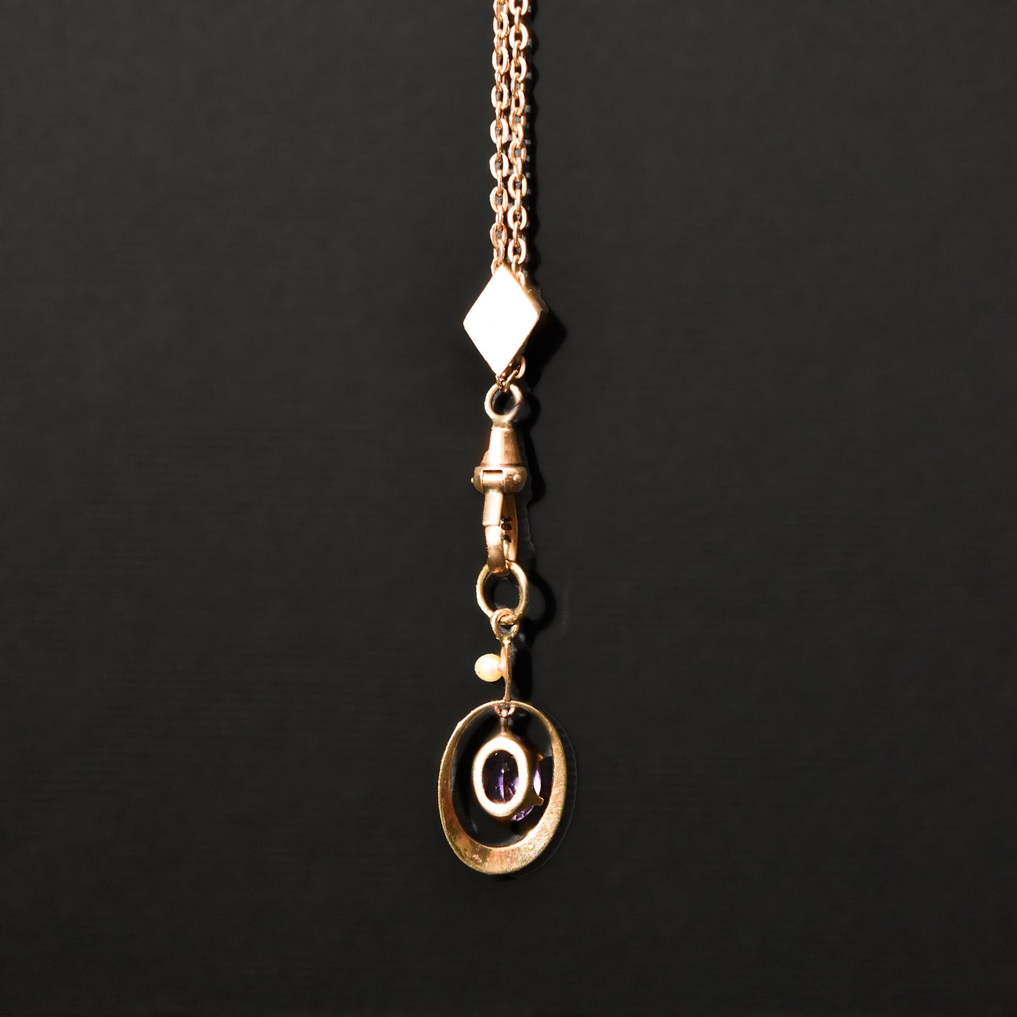 10K Amethyst Seed Pearl Watch/Lorgnette Chain Lavaliere Necklace W/ Slide, Mourning Jewelry, 22" L